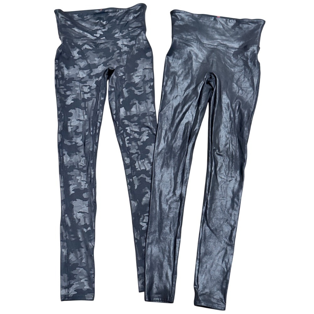 SPANX Leggings Set of 2 S Small Black Gray Camo Shiny Skinny Pants